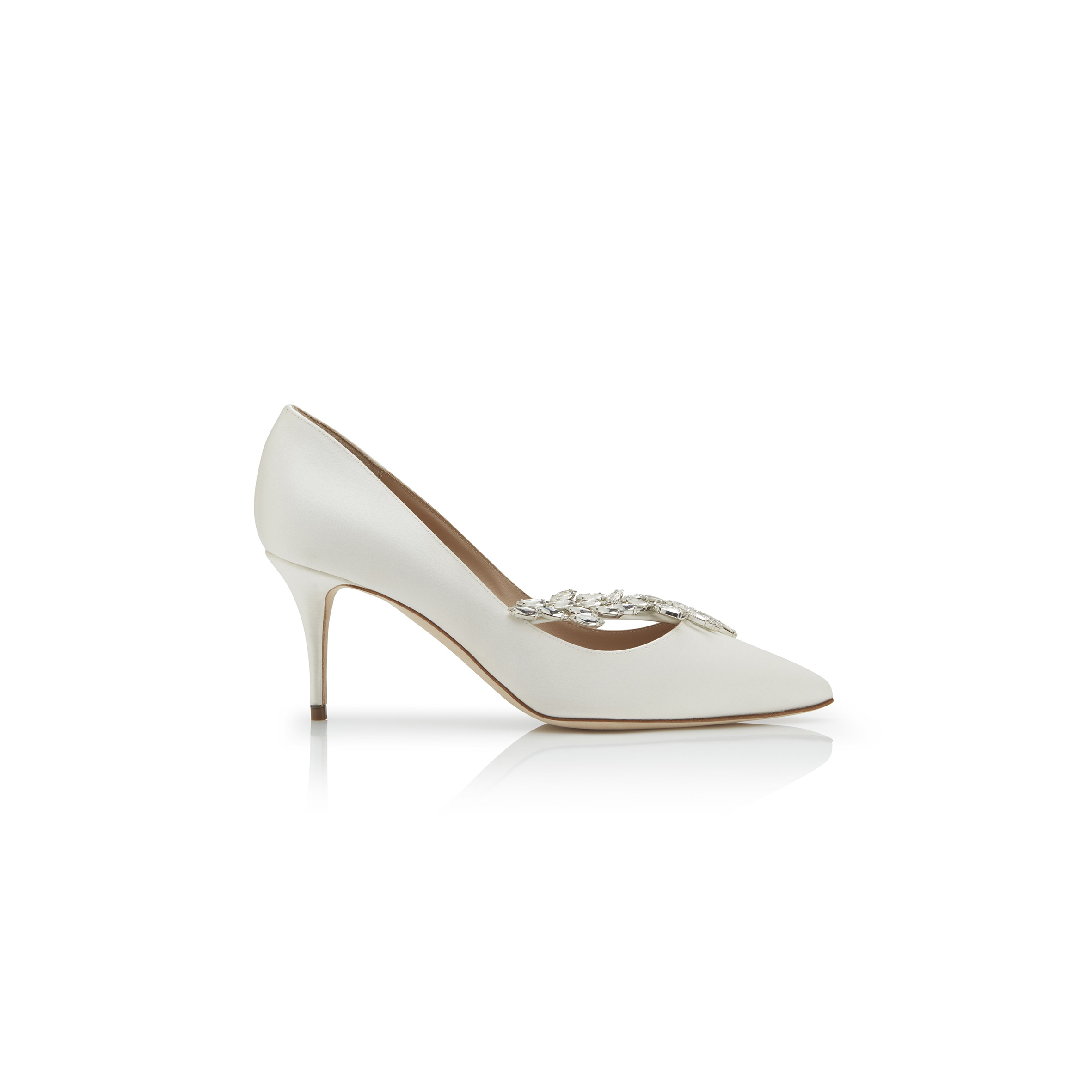 MANOLO BLAHNIK NADIRA 70 WHITE SATIN JEWEL BUCKLE PUMPS 9XX-0368-0050